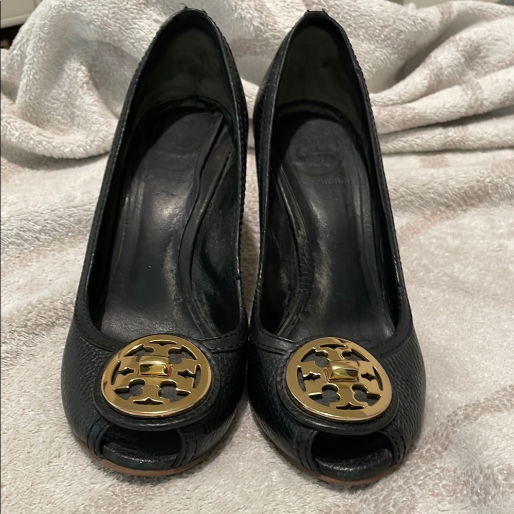 Tory Burch Black Wedge Heels with Gold Emblem